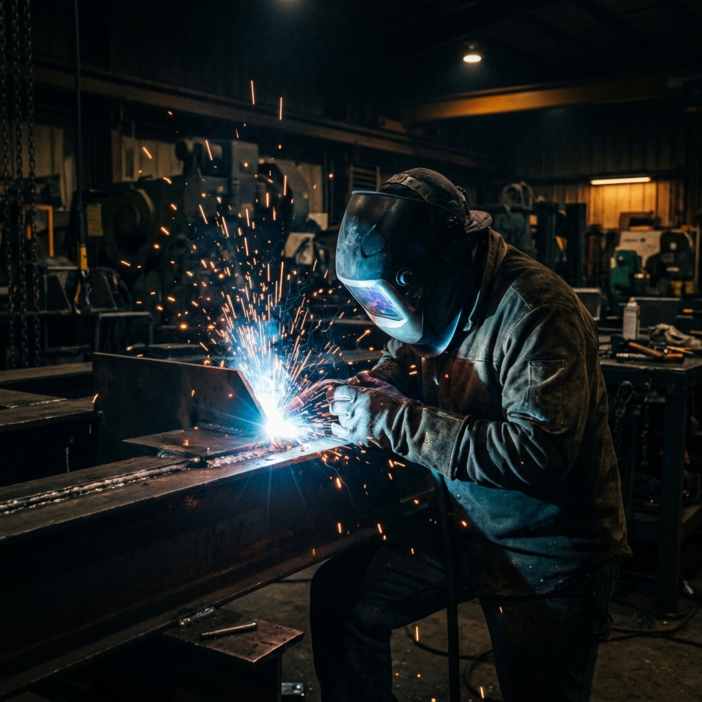 Professional welder working with bright welding arc in Iron Wolfe Welding's Eufaula shop
